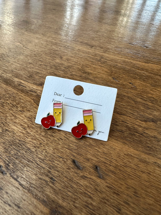 Smiley Apple & Pencil Studs